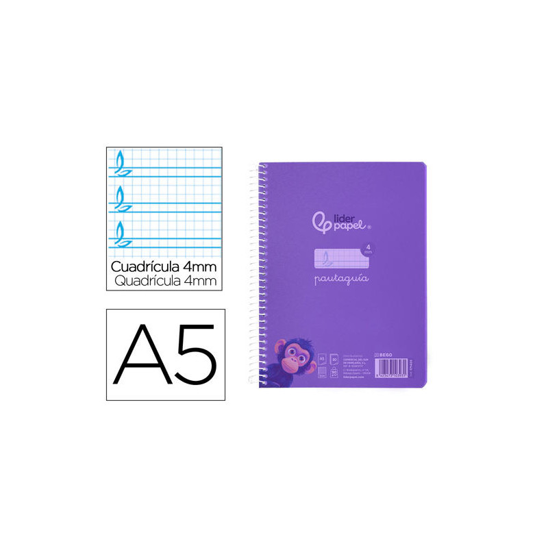 CUADERNO ESPIRAL LIDERPAPEL DIN A5 PAUTAGUIA TAPA PLASTICO 80H 90GR CUADRO PAUTADO 4 MM CON MARGEN C