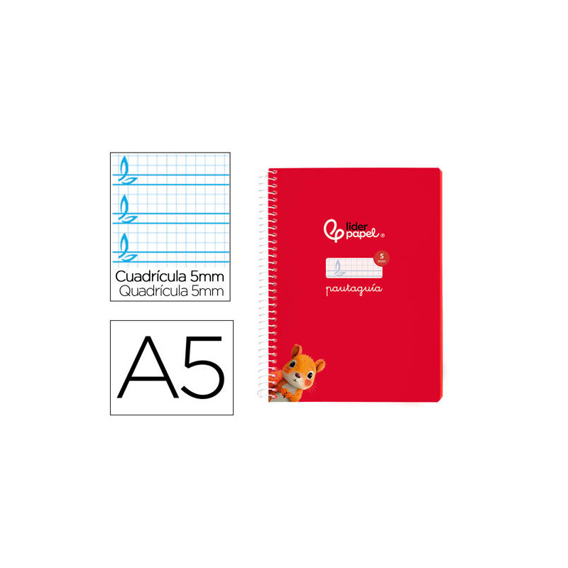 CUADERNO ESPIRAL LIDERPAPEL DIN A5 PAUTAGUIA TAPA BLANDA 40H 75 GR CUADRO PAUTADO 5MM COLOR ROJO