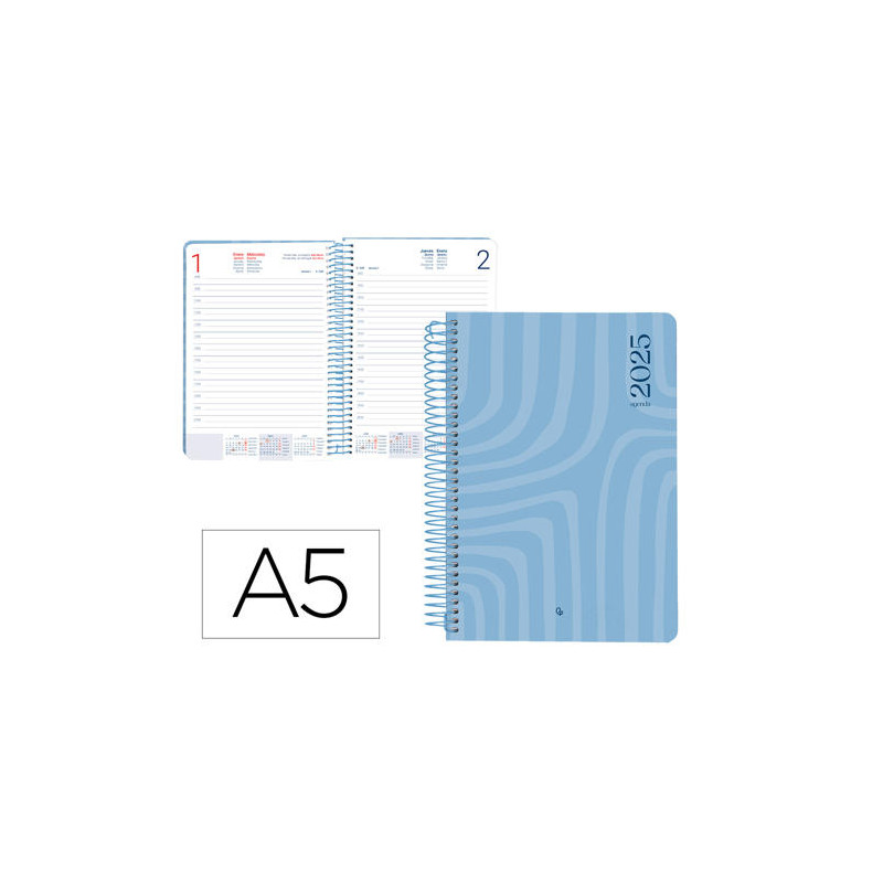 AGENDA ESPIRAL LIDERPAPEL SYROS A5 2025 DÍA PÁGINA COLOR AZUL PAPEL 60 GR