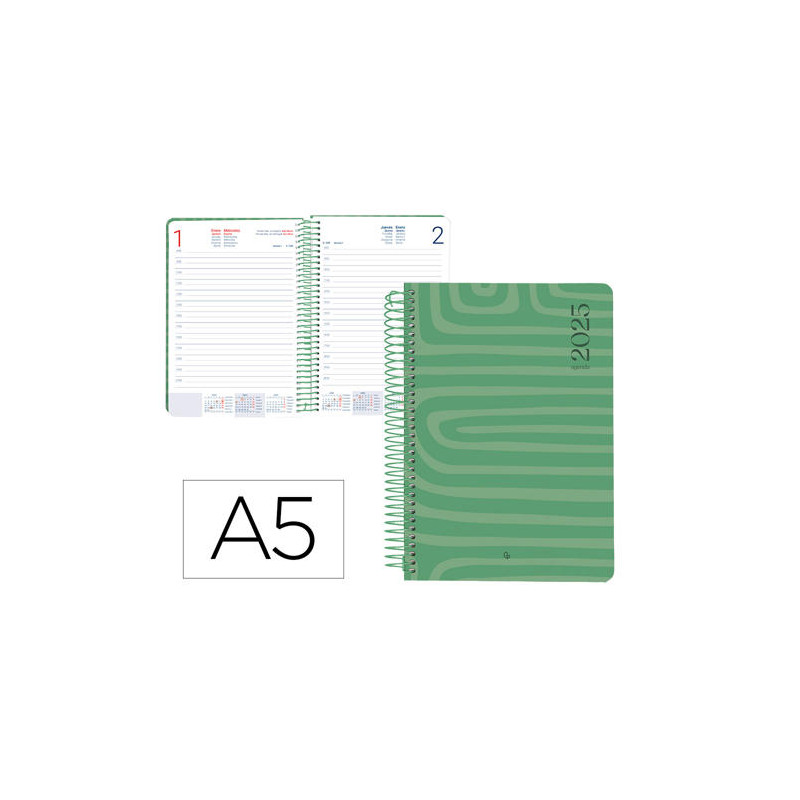 AGENDA ESPIRAL LIDERPAPEL SYROS A5 2025 DIA PAGINA COLOR VERDE PAPEL 60 GR