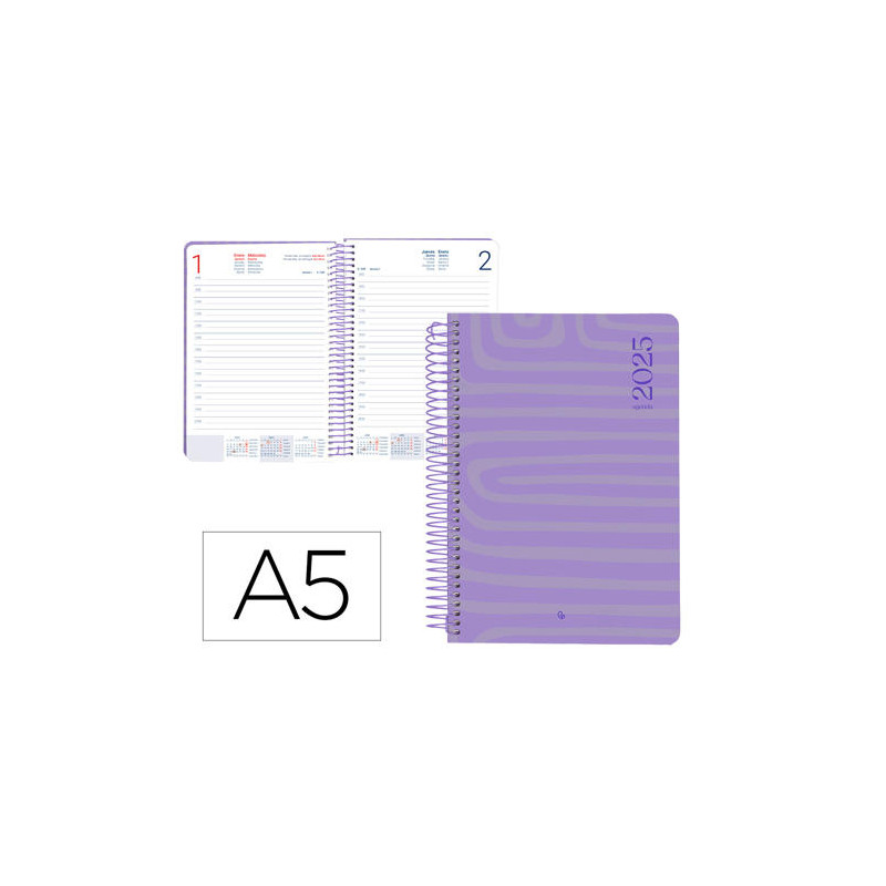 AGENDA ESPIRAL LIDERPAPEL SYROS A5 2025 DIA PAGINA COLOR MORADO PAPEL 60 GR