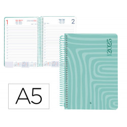 AGENDA ESPIRAL LIDERPAPEL SYROS A5 2025 DÍA PÁGINA COLOR TURQUESA PAPEL 60 GR