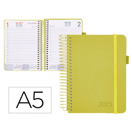 AGENDA ENCUADERNADA LIDERPAPEL NEON A5 2025 DIA PAGINA COLOR AMARILLO PAPEL 70 GR