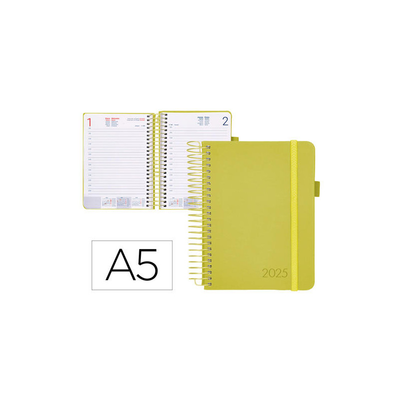 AGENDA ENCUADERNADA LIDERPAPEL NEON A5 2025 DIA PAGINA COLOR AMARILLO PAPEL 70 GR