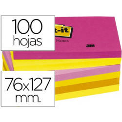 BLOC DE NOTAS ADHESIVAS QUITA Y PON POST-IT 76X127 MM NEON PACK DE 6 BLOCS SURTIDO