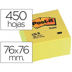 BLOC DE NOTAS ADHESIVAS QUITA Y PON POST-IT 76X76X45 MM CUBO COLOR AMARILLO 450 HOJAS