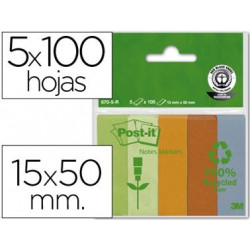 BLOC DE NOTAS ADHESIVAS QUITA Y PON RECICLADAS POST-IT 15X50MM VERDE-NARANJA- MANDARINA-AZUL VERDE C