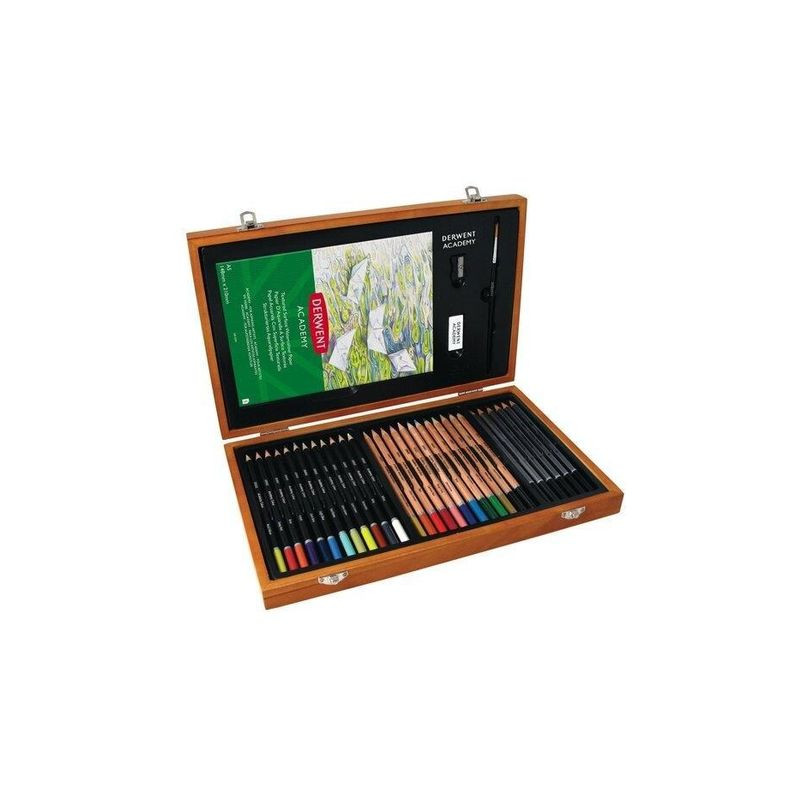 ESTUCHE DE PINTURA DERWENT ACADEMY MADERA LAPICES DE COLORES 35 PIEZAS