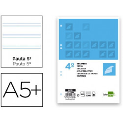 RECAMBIO LIDERPAPEL CUARTO 100 HOJAS 60G/M2 PAUTA 5¬ 2.5MM CON MARGEN 6 TALADROS