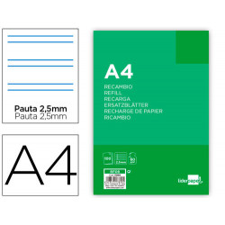 RECAMBIO LIDERPAPEL A4 100 HOJAS 60G/M2 PAUTA 5¬ 2.5MM CON MARGEN 4 TALADROS