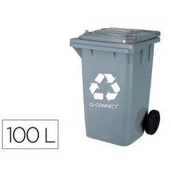 PAPELERA CONTENEDOR Q-CONNECT PLASTICO GRIS PARA DESECHOS EN GENERAL 100 L CON TAPA Y RUEDAS 750X470