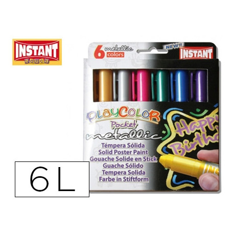 TEMPERA SOLIDA EN BARRA PLAYCOLOR POCKET ESCOLAR CAJA DE 6 COLORES METALIZADOS