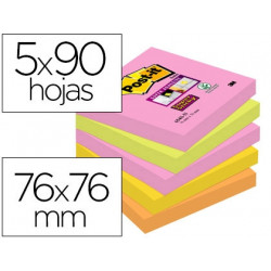 BLOC DE NOTAS ADHESIVAS QUITA Y PON POST-IT SUPER STICKY 76X76 MM CON 90 HOJAS PACK DE 5 BLOC COLORE