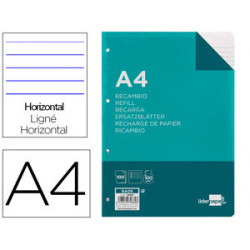 RECAMBIO LIDERPAPEL A4 100 HOJAS 100 G/M2 RAYADO HORIZONTAL CON MARGEN 4 TALADROS