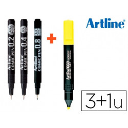 ROTULADOR ARTLINE COMIC PEN CALIBRADO MICROMETRICO NEGRO BOLSA DE 3 UDS 0,2 0,4 0,8 + FLUORESCENTE 6