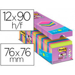 BLOC DE NOTAS ADHESIVAS QUITA Y PON POST-IT SUPER STICKY 76X76 MM 90 HOJAS COLORES SURTIDOS PACK DE 