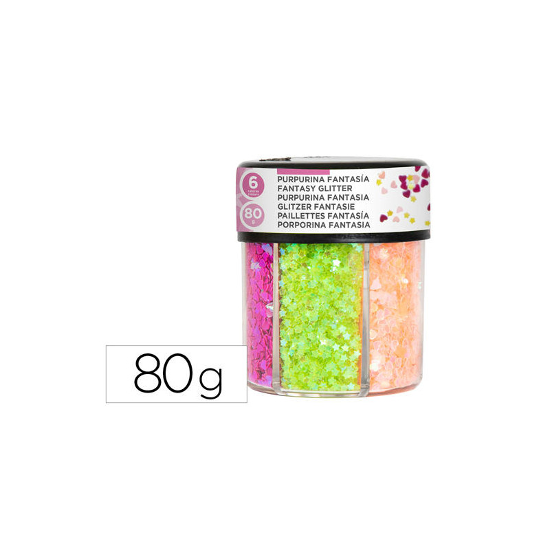 PURPURINA FANTASIA LIDERPAPEL CORAZON Y ESTRELLA COLORES NEON BOTE DE 80GR