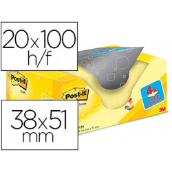 BLOC DE NOTAS ADHESIVAS QUITA Y PON POST-IT AMARILLO CANARIO 38X51 MM PACK PROMOCIONAL 16+4 GRATIS