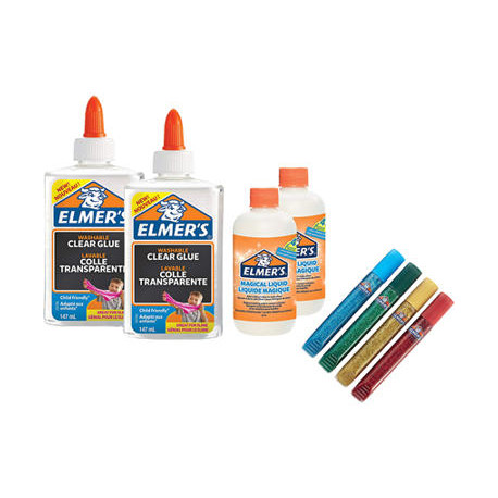 KIT ELMERS FABRICACION SLIME CON 2 BOTES COLA TRANSPARENTE + 2 BOTES LIQUIDO MAGICO + 4 BOTES PURPUR