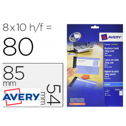 TARJETA DE VISITA AVERY BLANCA MATE 85X54 MM 260 GR IMPRIMIBLE DOBLE CARA PARA INK-JET PACK DE 80 UN