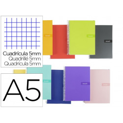 CUADERNO ESPIRAL LIDERPAPEL A5 CRAFTY TAPA FORRADA 80H 90 GR CUADRO 5 MM CON MARGEN COLORES SURTIDOS