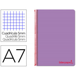 CUADERNO ESPIRAL LIDERPAPEL A7 MICRO WONDER TAPA PLASTICO 100H 90 GR CUADRO 5MM 4 BANDAS COLOR VIOLE