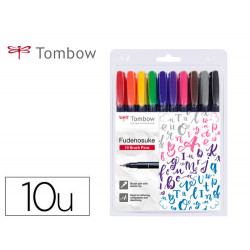 ROTULADOR TOMBOW FUDENOSUKE TINTA BASE DE AGUA PUNTA PINCEL DURA ESTUCHE DE 10 UNIDADES COLORES SURT