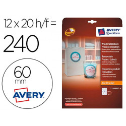 ETIQUETA ADHESIVA AVERY BLANCA REDONDA REMOVIBLE PARA LASER INK-JET FOTOCOPIADORA 60 MM CAJA DE 240 