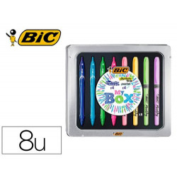 SET BIC CAJA METALICA 4 GELOCITY QUICK DRY COLORES SURTIDOS + 4 FLUORESCENTES GRIP COLORES PASTEL SU