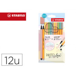 ROTULADOR STABILO PUNTA DE FIBRA POINT 88 + PEN 68 PASTEL LOVE ESTUCHE DE CARTON DE 12 COLORES SURTI