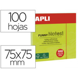 BLOC DE NOTAS ADHESIVAS QUITA Y PON APLI 75X75 MM VERDE FLUORESCENTE CON 100 HOJAS