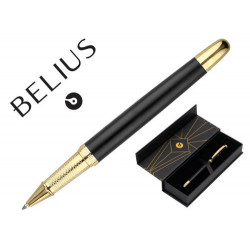 BOLIGRAFO BELIUS SOIREE ALUMINIO COLOR ART DECO NEGRO Y DORADO TINTA AZUL CAJA DE DISEÑO