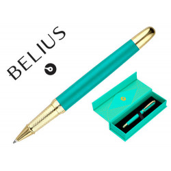 BOLIGRAFO BELIUS SOIREE ALUMINIO COLOR ART DECO TURQUESA Y DORADO TINTA AZUL CAJA DE DISEÑO