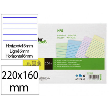 TARJETA LIDERPAPEL PARA ESTUDIAR RAYADA CARTULINA DE COLORES 170 GR/M2 160X220MM PAQUETE DE 200 UNID