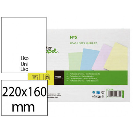 TARJETA LIDERPAPEL PARA ESTUDIAR LISA CARTULINA DE COLORES 170 GR/M2 160X220MM PAQUETE DE 200 UNIDAD