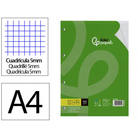 RECAMBIO LIDERPAPEL A4 100 HOJAS 100G/M2 CUADRO 5 MM CON MARGEN 4 TALADROS