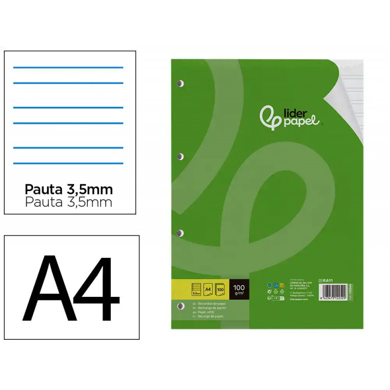 RECAMBIO LIDERPAPEL A4 100 HOJAS 100G/M2 PAUTA 3,5MM CON MARGEN 4 TALADROS