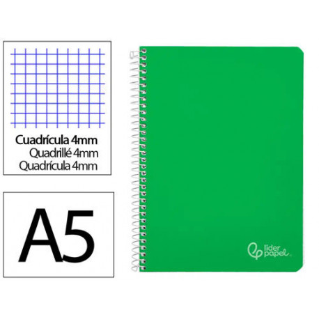 CUADERNO ESPIRAL LIDERPAPEL DIN A5 WITTY TAPA DURA 80H 90GR CUADRO 4MM CON MARGEN COLOR VERDE