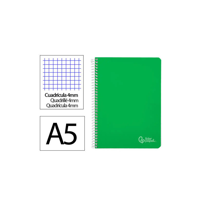 CUADERNO ESPIRAL LIDERPAPEL DIN A5 WITTY TAPA DURA 80H 90GR CUADRO 4MM CON MARGEN COLOR VERDE