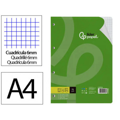 RECAMBIO LIDERPAPEL DIN A4 100 HOJAS 75 GR CUADRO 6 MM 4 TALADROS CON MARGEN