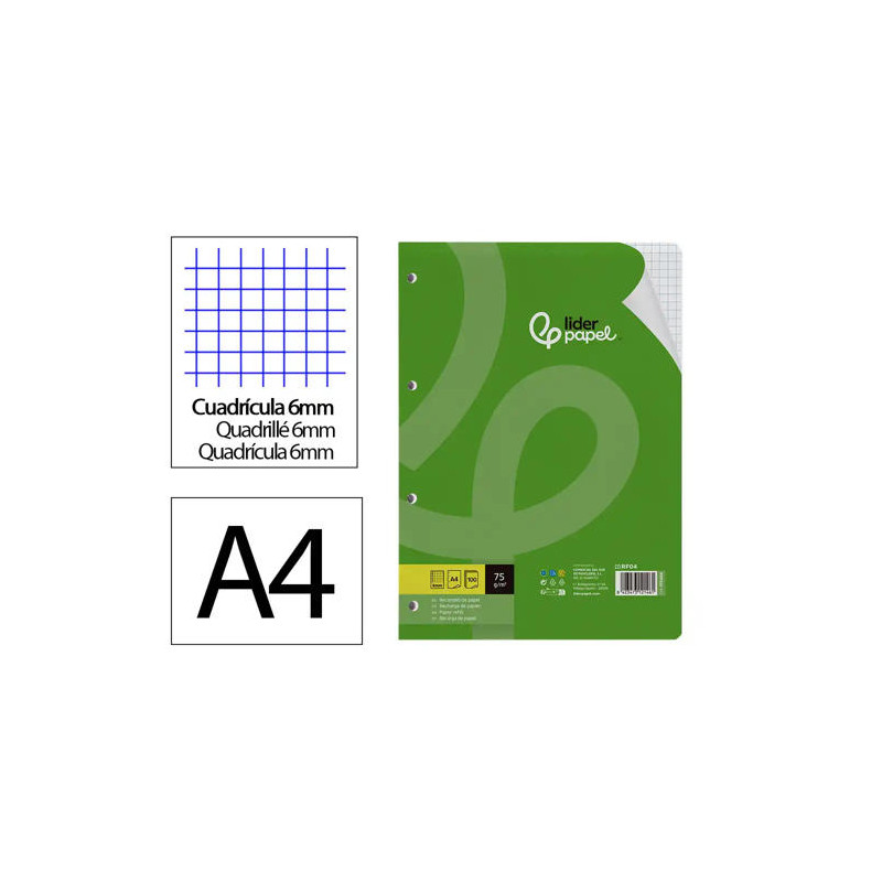 RECAMBIO LIDERPAPEL DIN A4 100 HOJAS 75 GR CUADRO 6 MM 4 TALADROS CON MARGEN